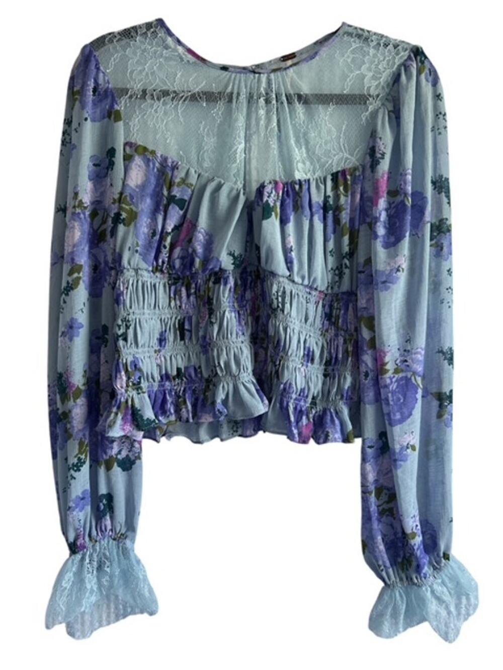 Free People XL Daphne Blouse Blue Purple Floral Print Sheer Lace Smocked Front
